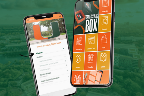 Phone showing UMiami alumni app